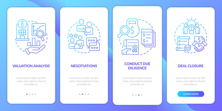Stages of merger blue gradient onboarding mobile app screen. Business walkthrough 4 steps graphic instructions with linear concepts. UI, UX, GUI template. Myriad Pro-Bold, Regular fonts used