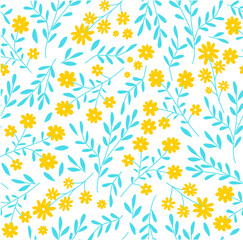 Print. Seamless background with bright small flowers yellow-blue color. Wildflowers. Bright  botanical pattern. fabric, paper. Wallpaper.