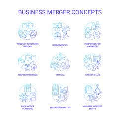 Business merger and consolidation blue gradient concept icons set. Companies integration idea thin line color illustrations. Isolated symbols. Roboto-Medium, Myriad Pro-Bold fonts used