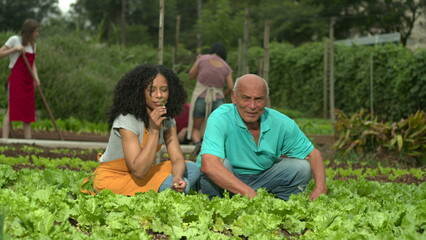 Small farmers smiling at camera working on a community farm cultivating sustainable organic food