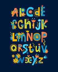 Print. Funny vector english alphabet. Bright floral lettering. Typographic poster for kids education. Preschool education. cute bright poster for kids