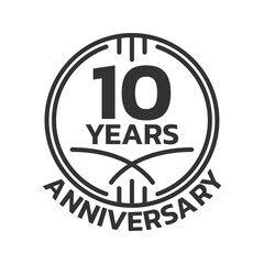 10th Anniversary logo or icon. 10 years round stamp design. Birthday celebrating, jubilee circle badge or label template. Vector illustration.