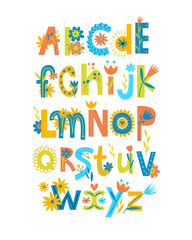 Print. Funny english alphabet. Bright floral lettering. Typographic poster for kids education. Preschool education. cute bright poster for kids	
