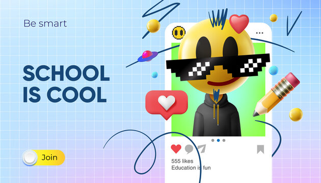 School is cool. Back to school web banner and mobile application with emoji Smiling face in sunglasses and social media icons. Online education, digital learning. Vector image