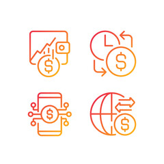 Daily cash flow pixel perfect gradient linear vector icons set. Hourly earnings. Stock trading. Mobile bank. Thin line contour symbol designs bundle. Isolated outline illustrations collection