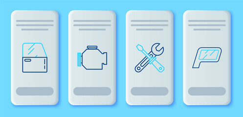 Set line Check engine, Screwdriver and wrench tools, Car door and mirror icon. Vector