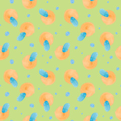Watercolor Seamless pattern with abstract shapes on lime green.Repeating print with colorful textures simple hand drawing.Designs for textiles,fabric,wrapping paper,printing,wallpaper,packaging.