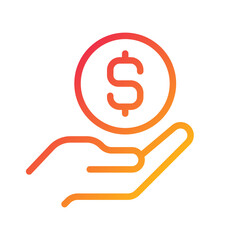 Coin in hand pixel perfect gradient linear vector icon. Giving money. Financial contribution. Lending cash. Thin line color symbol. Modern style pictogram. Vector isolated outline drawing