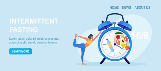 Girl stand balanced in yoga pose waiting for time to eat. Yoga. Patience. Intermittent fasting. Woman doing sports, fitness. Dieting, proper nutrition.Time restricted eating. Food intake clock