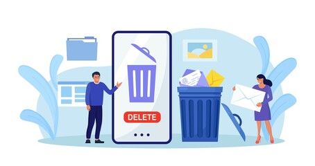 People cleaning mobile phone from trash files. Man and woman deleting documents with software. User removing folder with document, mail, spam to waste bin, cleansing cache - obrazy, fototapety, plakaty