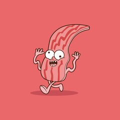 Crazy Bacon character running vector illustration. Food, funny, imagination design concept.