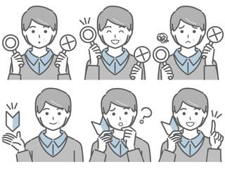 〇✕マークや初心者マークを持つ中年男性（私服）