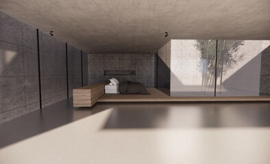 Interior bedroom minimal concrete concept abstract 3d illustration render