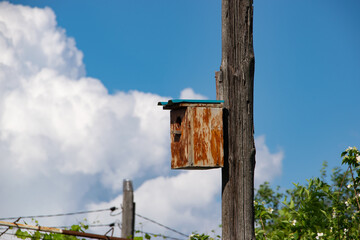 an old wooden birdhouse against a background of blue sky and white clouds