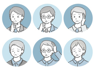困る高齢男性の斜め向き丸アイコンセット