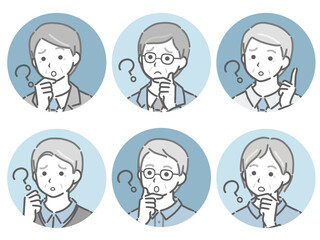 疑問に思う高齢男性の斜め向き丸アイコンセット