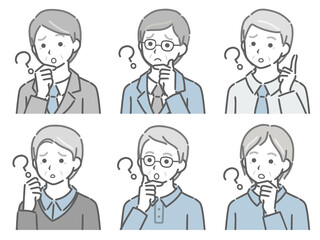 疑問に思う高齢男性の斜め向き上半身セット