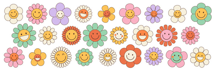 Groovy flower cartoon characters. Funny happy daisy with eyes and smile. Sticker pack in trendy retro trippy style. Isolated vector illustration. Hippie 60s, 70s style. - obrazy, fototapety, plakaty