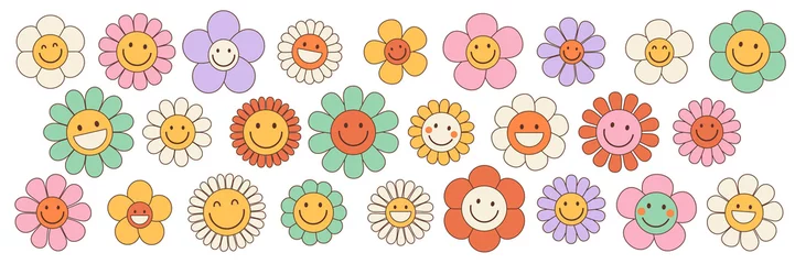 Fotobehang Groovy flower cartoon characters. Funny happy daisy with eyes and smile. Sticker pack in trendy retro trippy style. Isolated vector illustration. Hippie 60s, 70s style. © Martyshova