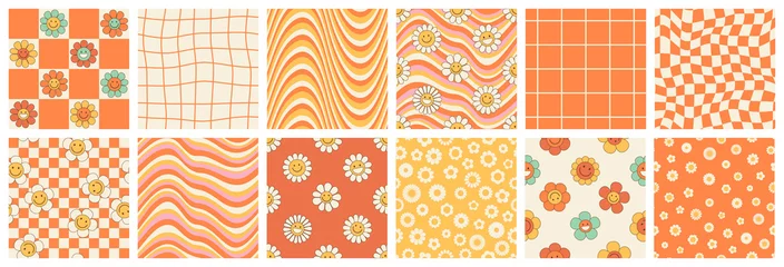  Groovy seamless patterns with funny happy daisy, wave, chess, mesh, rainbow. Set of vector backgrounds in trendy retro trippy style. Hippie 60s, 70s style. Yellow, orange, beige colors. © Martyshova