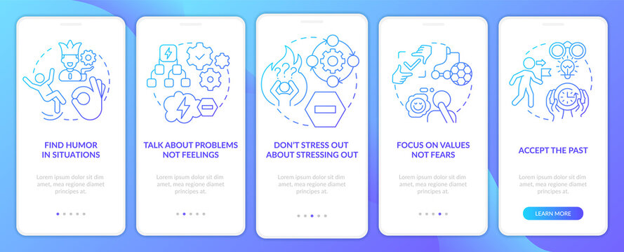 Dealing with change blue gradient onboarding mobile app screen. Easy adaptation walkthrough 5 steps graphic instructions with linear concepts. UI, UX, GUI template. Myriad Pro-Bold, Regular fonts used