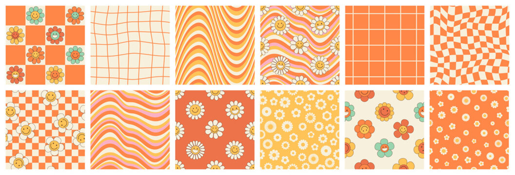 Groovy seamless patterns with funny happy daisy, wave, chess, mesh, rainbow. Set of vector backgrounds in trendy retro trippy style. Hippie 60s, 70s style. Yellow, orange, beige colors.