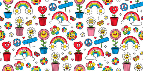 Groovy cartoon seamless pattern. Funny happy Earth, Peace, Love, rainbow, heart, flower, daisy. Vector background in trendy retro cartoon style. Hippie 60s, 70s style. Flower power.