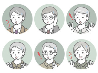 驚く高齢男性の斜め向き丸アイコンセット