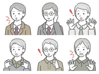 驚く高齢男性の斜め向き上半身セット