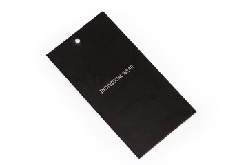 Black carton clothing swing tag with inscription 