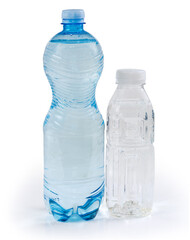 Two different plastic bottles of drinking water on white background