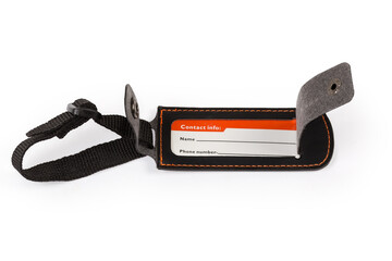 Open leatherette tag for equipment owner data on textile loop