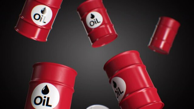 Oil Barrels Falling Seamless on Black Background. Looped 3d Animation of Oil Reserves Moving Down. Growing Prices and Volume of Oil Production. Business and Industry Crisis Concept 4k UHD 3840x2160.