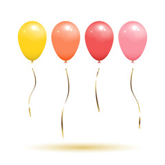 Balloons in yellow, orange, red, pink colour with 4 styles separate gold ribbons. Isolated on white background with shadow, mockup template object. Realistic 3D vector illustration.