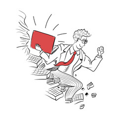 Concept of fast business with running businessman. Hand drawn in thin line style.
