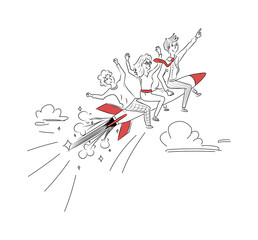 Concept IT service, IT  technology, business strategy. Business breakthrough and financial growth. Digital Innovation. People on a rocket.