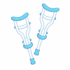 Vector illustration of medical two pair crutches isolated on white background. Cartoon cute design with colorful outline. Children style medicine equipment of orthopedic therapy broken legs.  