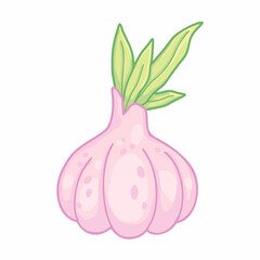 Vector illustration of cartoon garlic with leaves isolated on white background. Children cute design with colorful outline.  Vegetable food.