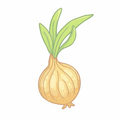 Vector illustration of cartoon onion with green foliage isolated on white background. Children cute design with colorful outline.  Vegetable food.