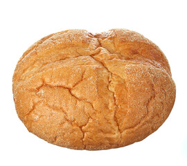 Beautiful loaf of white freshly baked bread with a golden crust, rounded shape, isolated on a white background.