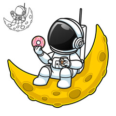 Astronaut Holding Coffee and Donuts on Crescent Moon with Black and White Line Art Drawing