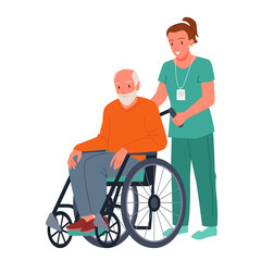 Nurse carrying wheelchair with sitting old patient vector illustration. Cartoon isolated young female caregiver character of hospital, sanatorium or nursing home taking care of happy senior man