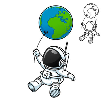 Cute Astronaut Flying Holding Earth Globe Balloon with Black and White Line Art Drawing
