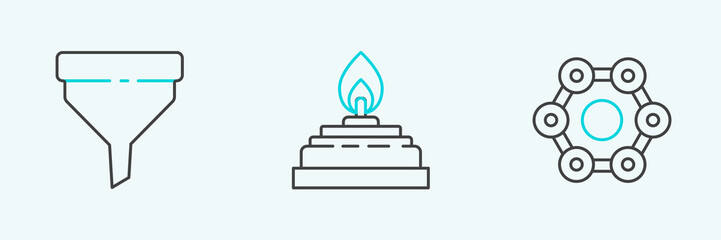 Set line Chemical formula, Funnel filter and Alcohol spirit burner icon. Vector