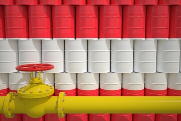 Many barrels with petrochemicals with flag of Austria and gas pipe. 3d rendering