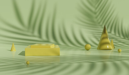 Empty studio wall with tropical leaves shadow, minimal pastel green and yellow summer abstract background for product presentation and object display. 3d rendering.