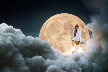 New space rocket ship successfully lift off into the starry sky with stars and a amazing full moon....