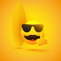 Smiling Emoji - Simple Happy Cheerful Male Surfer Emoticon with Mustache Wearing Sunglasses and Showing Thumbs Up in Front of a Surfboad - Vector Design for Web and Online Apps on Yellow Background