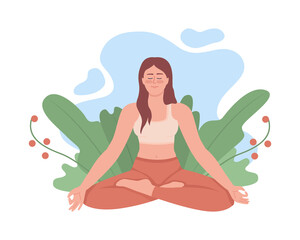Tranquil woman meditating outdoor 2D vector isolated illustration. Spiritual flat character on cartoon background. Life balance colourful editable scene for mobile, website, presentation