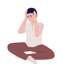 Sad man holding head semi flat color vector character. Editable figure. Full body person on white. Life obstacles simple cartoon style illustration for web graphic design and animation
